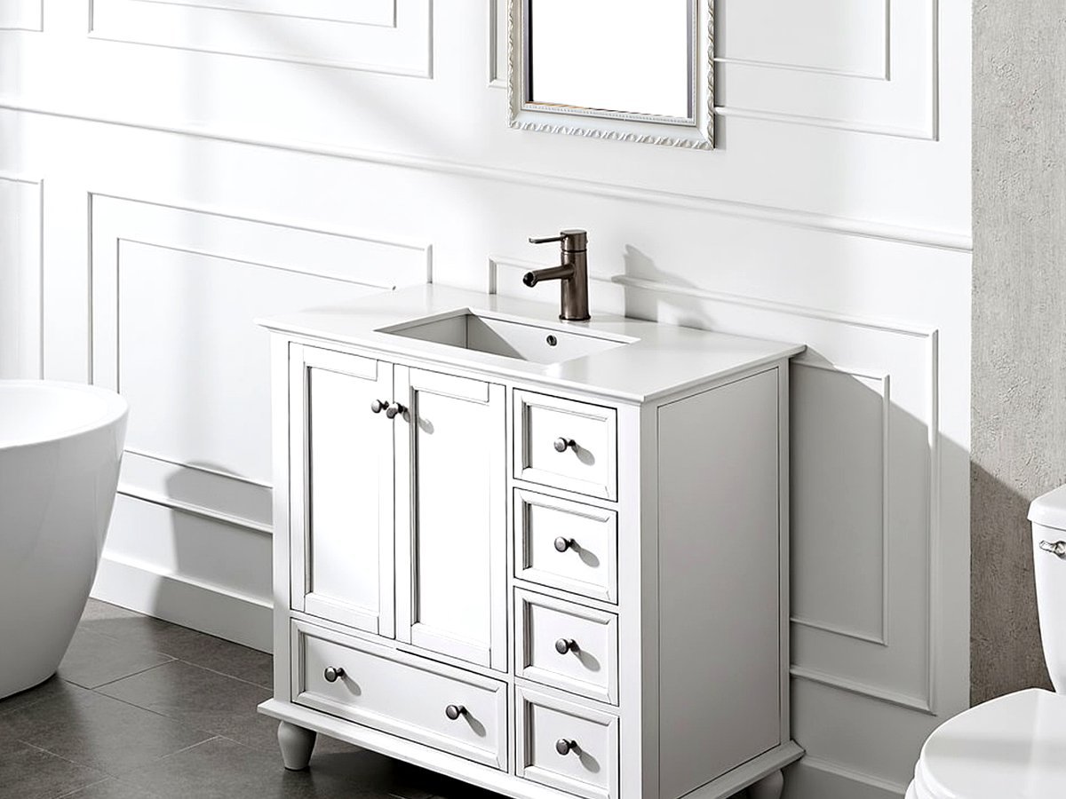 Modern white bathroom vanity, stone top and mirror, moisture-resistant solid wood